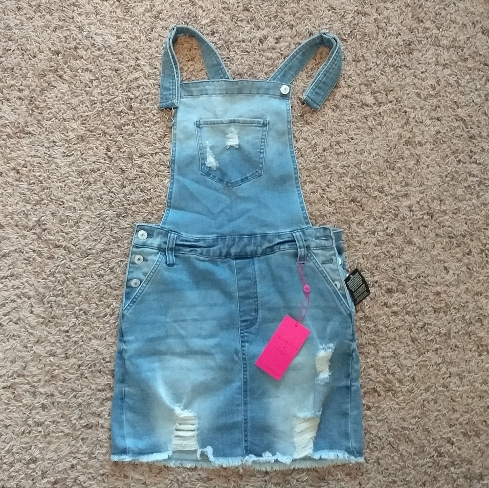 Celebrity Pink Denim Skirt Overalls, Skirtalls